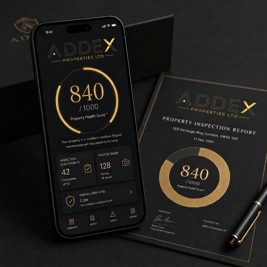 Addex app dashboard showing a Property Health Score of 840 out of 1000
