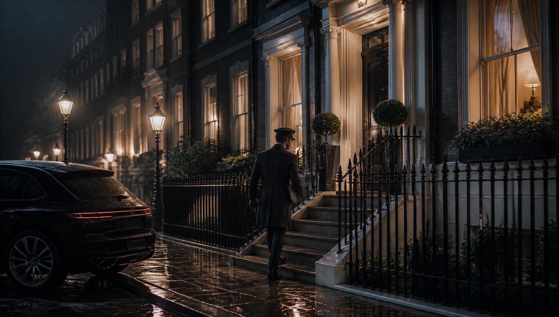 Uniformed Addex property inspector arriving at a lit London townhouse in the rain